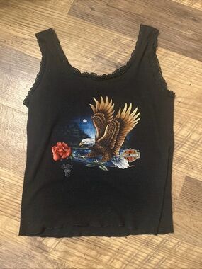 Vintage 1987 Harley-Davidson 3D Emblem Tank Top Eagle Print Screen Stars lace